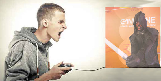 young boy shouting while playing a video game